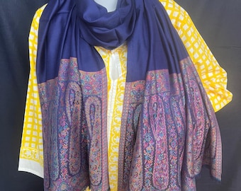 Navy Blue Paisley Shawl | Soft Winter Stole with Kashmiri Style Border | Elegant Wrap for Women | Handmade Look Scarf
