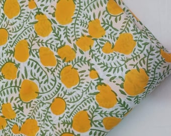 Tela de algodón estampada a mano con bloques – Estampado floral verde con enredaderas / Algodón Jaipuri cortado a medida