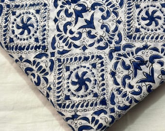 Elegant Blue & White Floral Tile Pattern Fabric | Mediterranean Inspired Cotton Textile for Sewing, Quilting