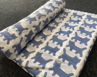Hand Block Printed Cotton Fabric – Blue Cat Motif, Indian Textile