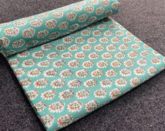 Hand Block Printed Cotton Fabric | Mint Green Jaipuri Floral Textile