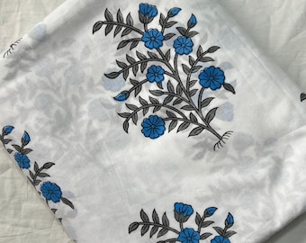 Blue Floral Vine Fabric | Elegant Botanical Print Cotton | Blue & Gray Flowers on White