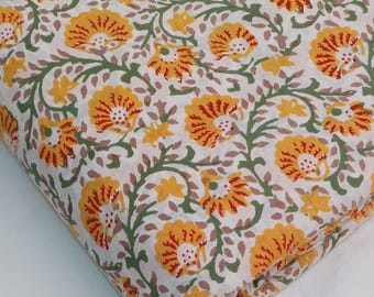 Hand Block Printed Cotton Fabric | Yellow Floral Jaipuri Mulmul Textile by Meter