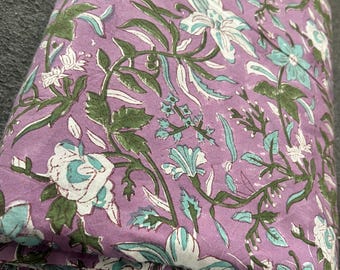 Tela de algodón estampada a mano con bloques / Textil para confección con estampado floral azul y enredaderas