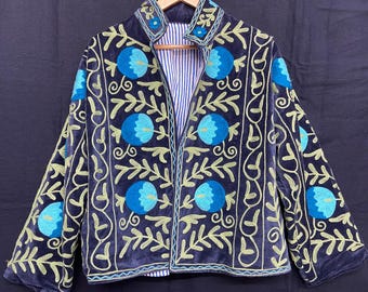 Hand Embroidered Velvet Jacket | Blue Floral Embroidery Boho Ethnic Vintage Style Winter Layer