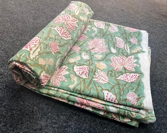 Hand Block Print Cotton Fabric | White & Red Floral, Sage Green