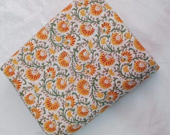Hand Block Printed Cotton Fabric | Yellow Floral Jaipuri Mulmul Textile by Meter