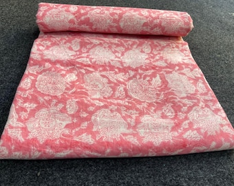 Pink Floral Cotton Fabric | Hand Block Print Indian Jaipuri Fabric