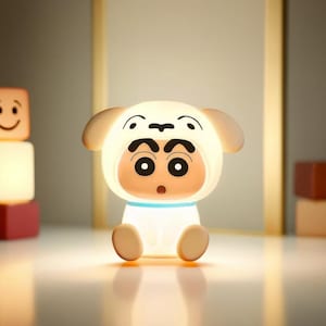 May include: A glowing white and beige cartoon character night light. The light is shaped like a character wearing a dog costume. The character has large, expressive eyes and a surprised expression. The night light emits a warm, soft glow.
