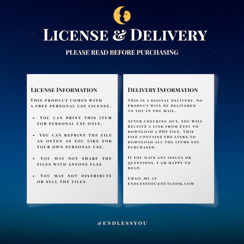 Digital download delivery details. No physical product will be shipped. Personal use license.