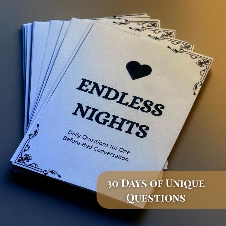 Printable couples card game Endless Nights shown in A4 and A5 formats ready to print and cut. Includes 30 daily conversation starter questions for partners, such as favorite memories, admired qualities, and fun what-if scenarios. A relationship strengthening activity for couples to deepen love and communication. Perfect printable date night game, anniversary gift, couples therapy tool, or romantic surprise to build connection and intimacy every night.