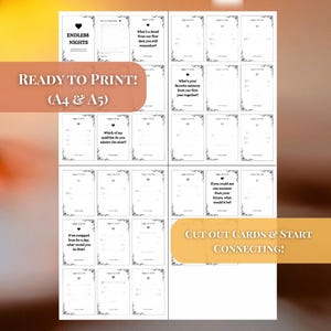Printable couples card game Endless Nights shown in A4 and A5 formats ready to print and cut. Includes 30 daily conversation starter questions for partners, such as favorite memories, admired qualities, and fun what-if scenarios. A relationship strengthening activity for couples to deepen love and communication. Perfect printable date night game, anniversary gift, couples therapy tool, or romantic surprise to build connection and intimacy every night.