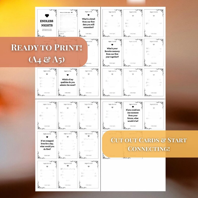 Printable couples card game Endless Nights shown in A4 and A5 formats ready to print and cut. Includes 30 daily conversation starter questions for partners, such as favorite memories, admired qualities, and fun what-if scenarios. A relationship strengthening activity for couples to deepen love and communication. Perfect printable date night game, anniversary gift, couples therapy tool, or romantic surprise to build connection and intimacy every night.