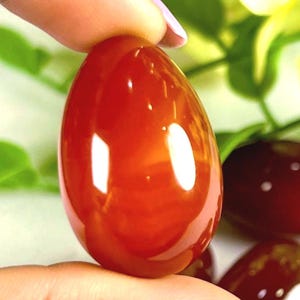 Op de afbeelding: Een gepolijste, eivormige, roodoranje edelsteen. Het gladde oppervlak reflecteert licht en creëert heldere highlights. De edelsteen wordt tussen vingers gehouden, met een vage groene achtergrond.