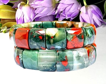 15 MM African Bloodstone  Stone Broad Rectangle Stretch Bracelet
