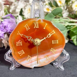 Natural Red Carneline Agate Crystal Stone Clock Table Desk Clock Roman Numerals With Stand