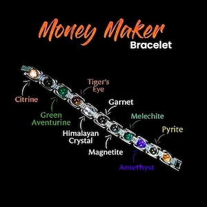 Peut inclure: Un bracelet argenté orné de diverses pierres précieuses, dont la citrine, l'aventurine verte, l'œil de tigre, le grenat et l'améthyste. Le bracelet est étiqueté "Money Maker Bracelet" en texte orange et blanc sur fond noir.
