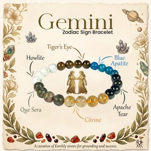 Gemini Zodiac Stone Bracelet Que Sera Citrine Apache Tear Blue Apatite Tiger Eye Howlite