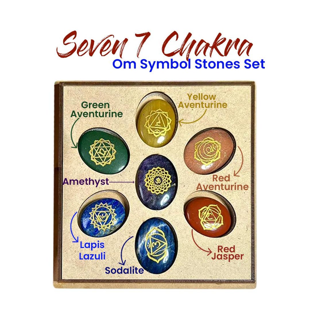 Seven 7 Chakra Om Symbol Stones Set Multi Color Engraved Healing ...