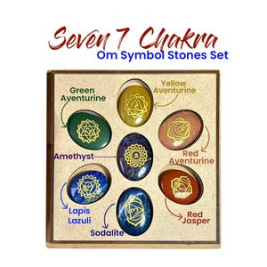 Seven 7 Chakra Om Symbol Stones Set Multi Color Engraved Healing Crystals With Box
