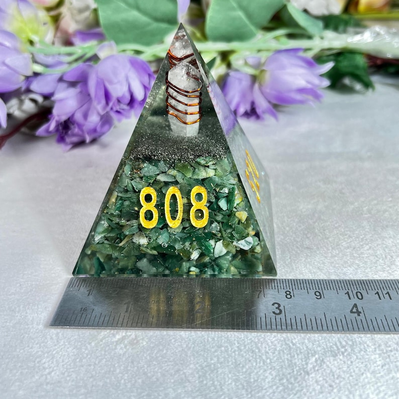 Organite Pyramid with Zibu Symbol, Green Aventurine Chips, Lemurian Seed Pencil (85x95 MM) image 5