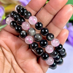 Pulsera elástica de cuentas redondas de 8 mm con lágrimas apache y piedra de cuarzo rosa