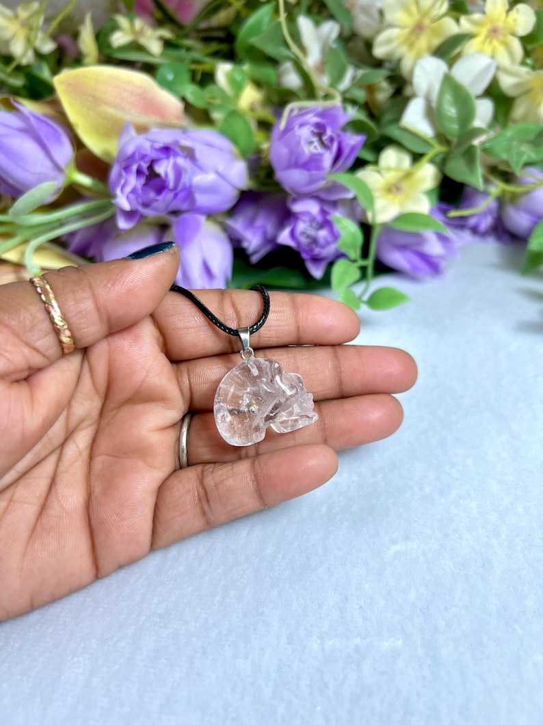 May include: A clear quartz crystal skull pendant on a black cord necklace. The skull is intricately carved and held in a hand, with a blurred floral background of purple and white flowers. The pendant is a unique piece of jewelry.