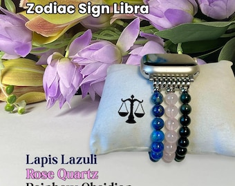 Libra Zodiac Apple Watch Band, Lapis Lazuli, Rose Quartz, Rainbow Obsidian