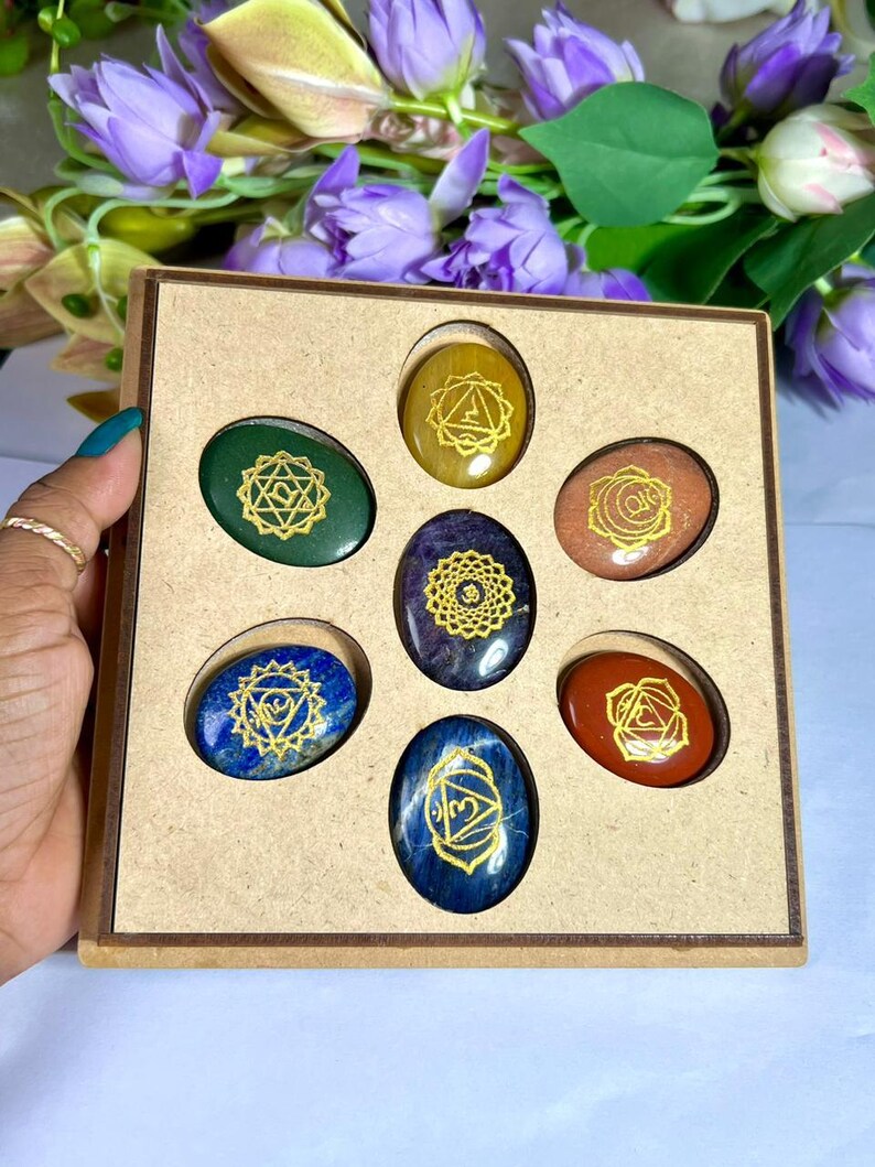 Seven 7 Chakra Om Symbol Stones Set Multi Color Engraved Healing ...
