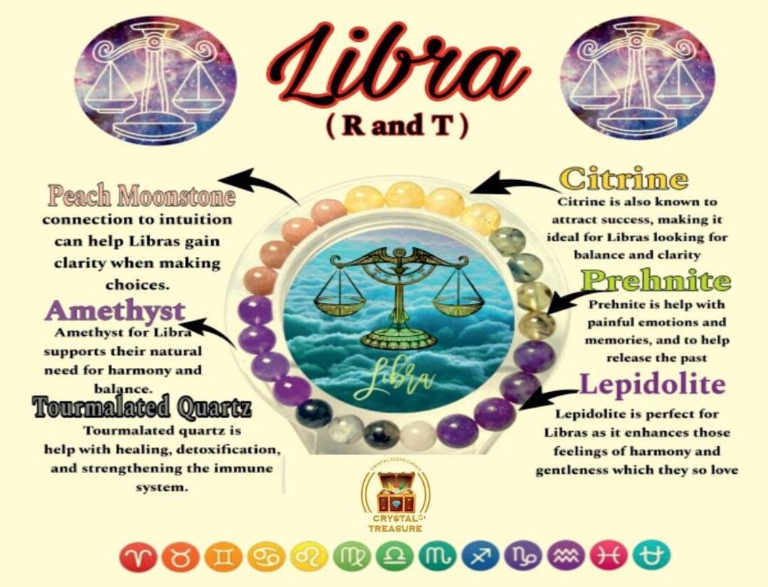 Libra Zodiac Crystal Bracelet: Citrine, Amethyst, Moonstone