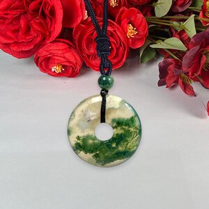 35 MM Moss Agate Stone Donut Style Pendant Adjustable Black Corded Necklace