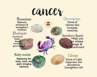 Cancer Zodiac Sign Tumble Stone Set Citrine, Strawberry Quartz, Chrysoprase, Moonstone, Rhodonite, Emerald