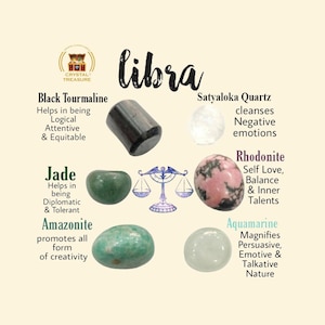 Libra Zodiac Sign Tumble Set Kit Satyaloka, Rhodonite, Aquamarine, Amazonite, Green Jade, Black T