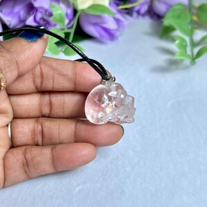 May include: A clear crystal skull pendant on a black cord. The skull is intricately carved and appears to have internal iridescent inclusions. The background features purple flowers and green foliage, creating a contrasting backdrop for the pendant.