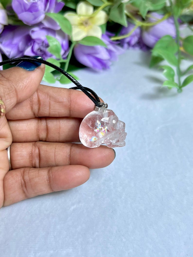 May include: A clear crystal skull pendant on a black cord. The skull is intricately carved and appears to have internal iridescent inclusions. The background features purple flowers and green foliage, creating a contrasting backdrop for the pendant.