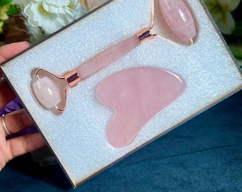 Rose Quartz Stone Face Massage Roller with Gua Sha Set Box for Gift