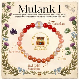 May include: A beaded bracelet featuring red carnelian, peach sunstone, yellow citrine, and red gold sunsitara beads, with a central clear bead marked with the number 1. The image includes text: Mulank 1, Crystal Treasure, and crystal names.