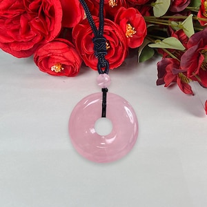 35 MM Rose Quartz Stone Donut Style Pendant Adjustable Black Corded Necklace