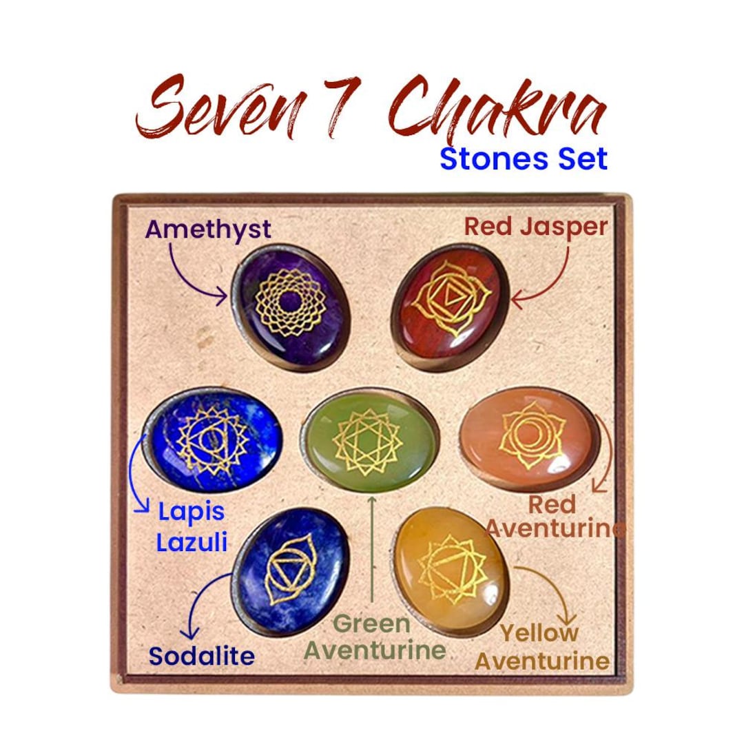 Seven 7 Chakra Reiki Set Oval Shape Stones Engraved Healing Crystals ...