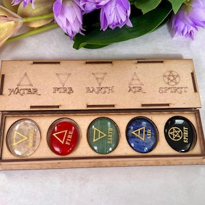 Five Elements Symbol Engraved Stone Set HimalayanCrystal Carnelian GreenAventurine Sodalite BlackTourmaline with Box