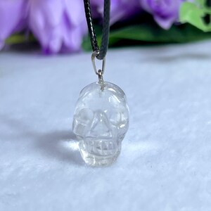 May include: Clear quartz crystal skull pendant on a black cord. The skull is intricately carved with visible teeth and eye sockets. The pendant hangs against a soft, white background with blurred purple flowers in the background.
