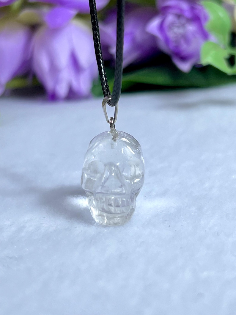 May include: Clear quartz crystal skull pendant on a black cord. The skull is intricately carved with visible teeth and eye sockets. The pendant hangs against a soft, white background with blurred purple flowers in the background.