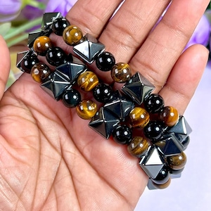 Pulsera de triple protección: hematita, ojo de tigre y turmalina negra