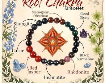 May include: A Root Chakra bracelet featuring beads of mahogany obsidian, bloodstone, black tourmaline, rhodonite, hematite, red jasper, garnet, and shungite. The image includes text labels for each stone type and a central red symbol.