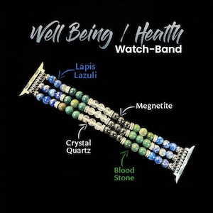 May include: A gemstone watch strap featuring Lapis Lazuli, Crystal Quartz, and Blood Stone beads. The watch strap has silver-coloured metal connectors and the text "Well Being / Health Watch-Band".