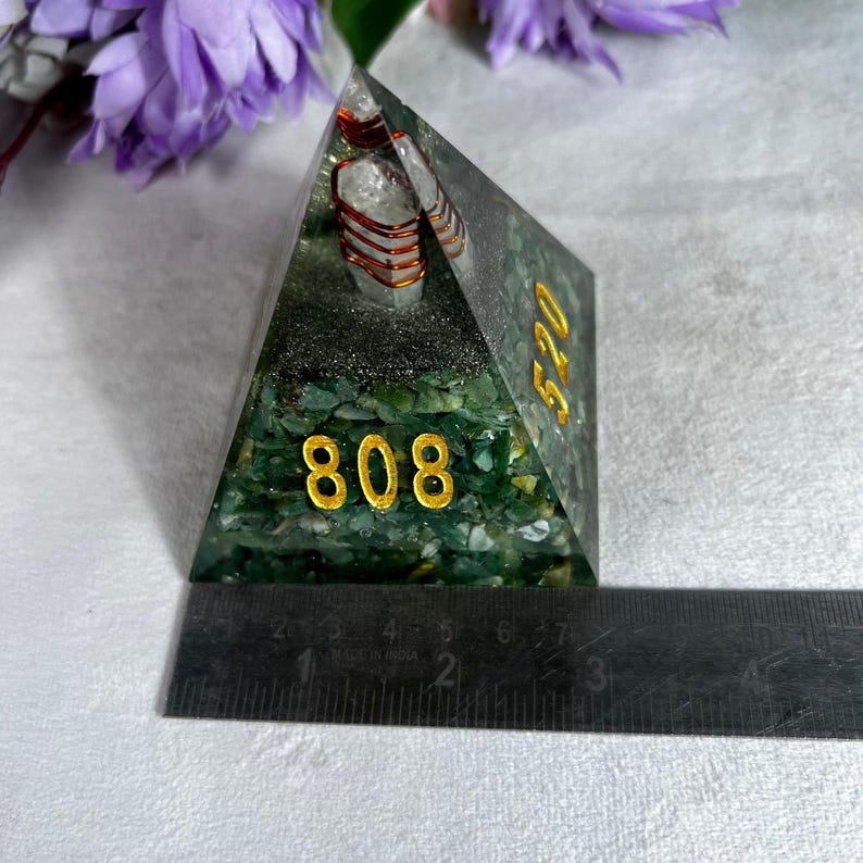 Organite Pyramid with Zibu Symbol, Green Aventurine Chips, Lemurian Seed Pencil (85x95 MM) image 4