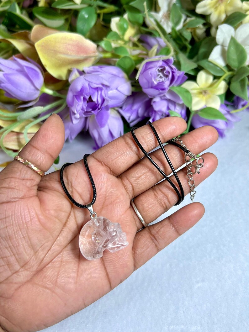 May include: A clear quartz crystal skull pendant on a black cord necklace. The skull pendant is carved with detailed features and hangs from a silver-colored bail. The necklace is displayed against a backdrop of purple flowers.
