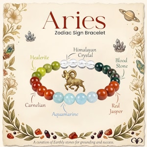 Aries Zodiac Stone Bracelet Carnelian Healerite Himalayan Crystal Blood Stone Red Jasper Aquamarine