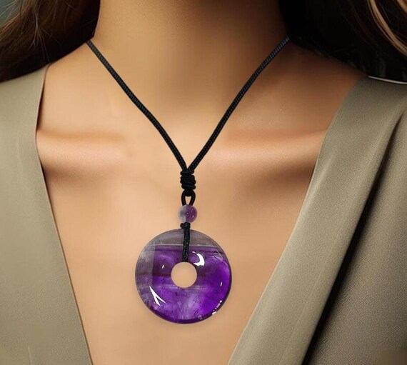Amethyst Donut Pendant 30mm With Cotton Ribbon – Gemstone Jewellery (Lebensquelle Plus)