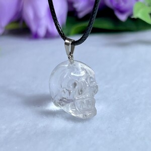 May include: Clear crystal skull pendant on a black cord necklace. The skull pendant is detailed with visible eye sockets, nose, and teeth. The necklace is displayed against a blurred background of purple flowers.